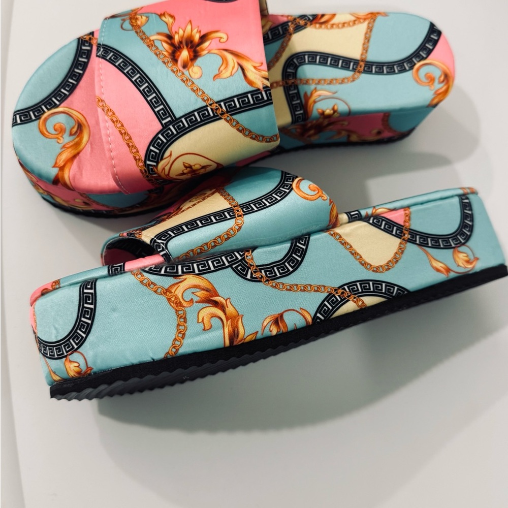 Chain-Print Slide Sandals in Pink & Light Blue SHEIN